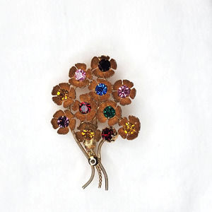 Vintage 12k Gold Fill Colorful Rhinestone Floral Bouquet Brooch